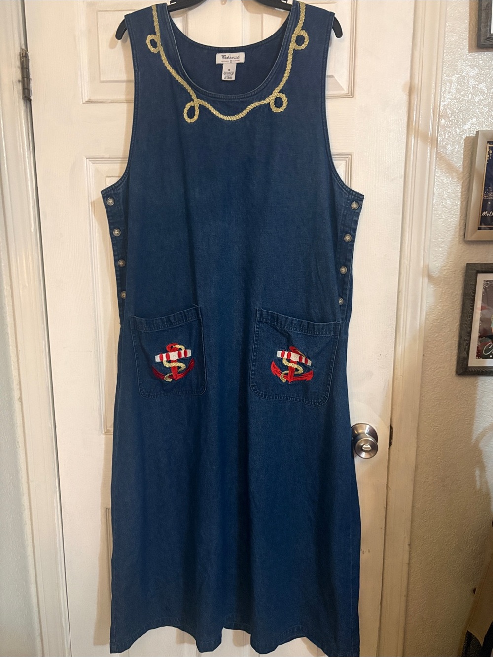 Westbound vintage 90sNavy Denim Pinafore Dress with Nautical Embroidered Pockets
